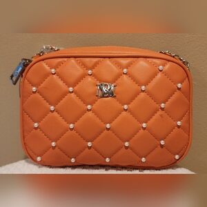 Badgley Mischka Crossbody Camera Purse Bag with pearls. Orange. NWT